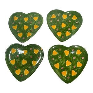 Hungary Hand Painted Heart Shaped Salad Break Dessert Plate Set Of 4 Green VTG